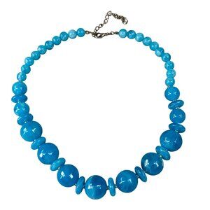 Vintage Blue Beaded Necklace Round & Disc Shaped Acrylic Beads Adjustable Length